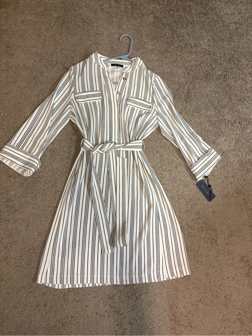 Tommy Hilfiger White & Navy Striped Belted Midi Dress